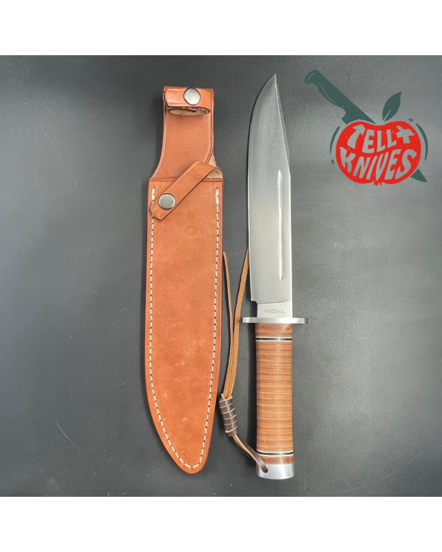 Hattori 160-1 Big Bowie Hunter I AUS-6 steel stacked leather handle brown leather sheath