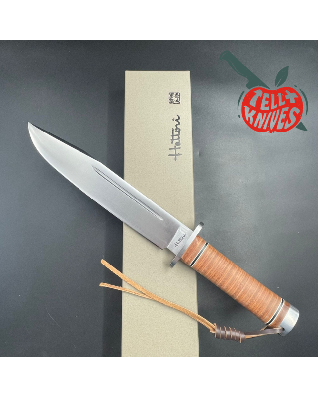 Hattori 160-1 Big Bowie Hunter I AUS-6 steel stacked leather handle brown leather sheath