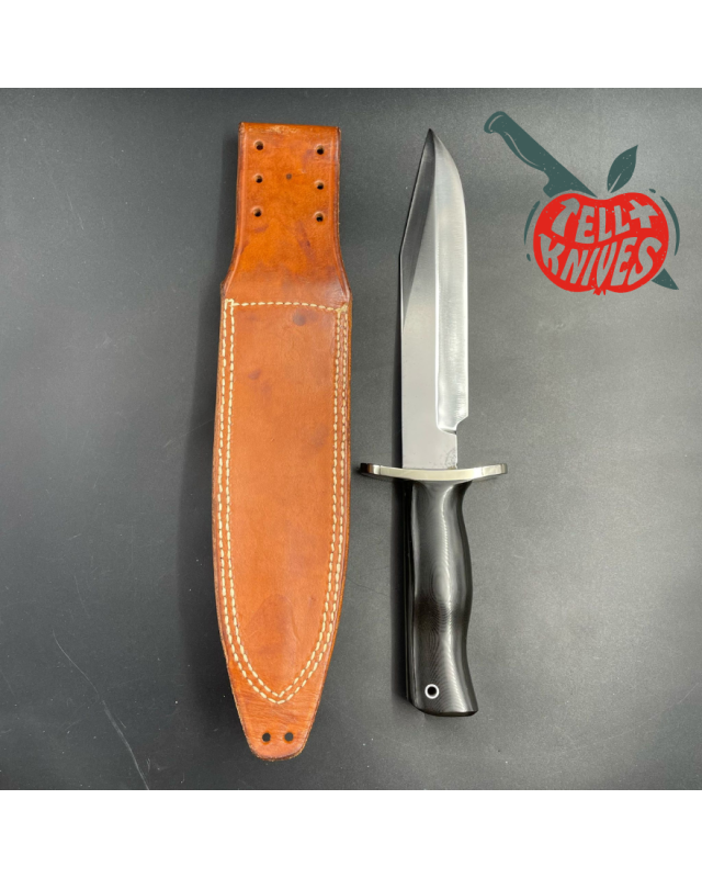 Vintage 80ies Model 14 - 7.5 Attack full tang carbon steel black micarta handle nickel silver guard brown leather sheath