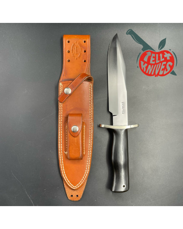 Vintage 80ies Model 14 - 7.5 Attack full tang carbon steel black micarta handle nickel silver guard brown leather sheath