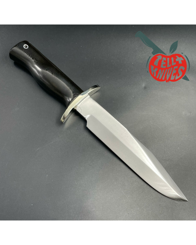 Vintage 80ies Model 14 - 7.5 Attack full tang carbon steel black micarta handle nickel silver guard brown leather sheath