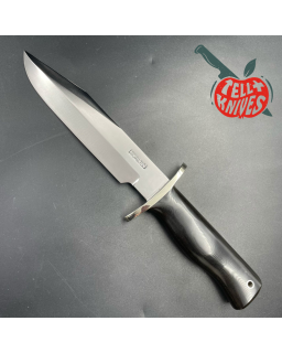Vintage 80ies Model 14 - 7.5 Attack full tang carbon steel black micarta handle nickel silver guard brown leather sheath