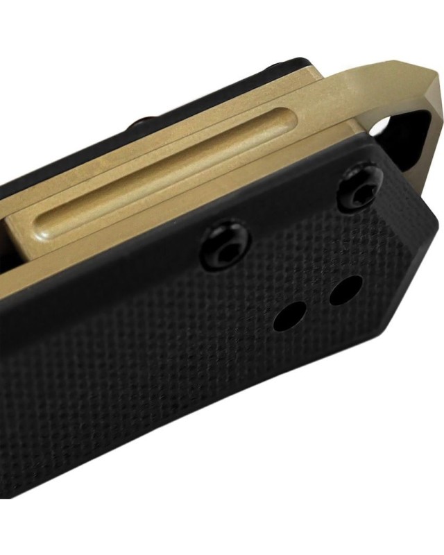 F1 Alpha D2 steel Black Titanium coated blade Linerlock Black G10 handle Bronze hardware F1 Alpha D2 steel Black Titanium coated blade Linerlock Black G10 handle Bronze hardware