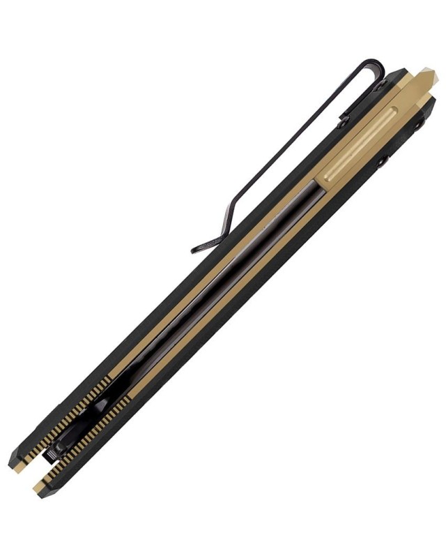 F1 Alpha D2 steel Black Titanium coated blade Linerlock Black G10 handle Bronze hardware F1 Alpha D2 steel Black Titanium coated blade Linerlock Black G10 handle Bronze hardware