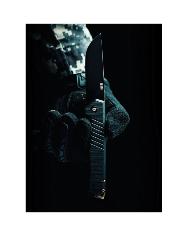 F1 Alpha D2 steel Black Titanium coated blade Linerlock Black G10 handle Bronze hardware F1 Alpha D2 steel Black Titanium coated blade Linerlock Black G10 handle Bronze hardware