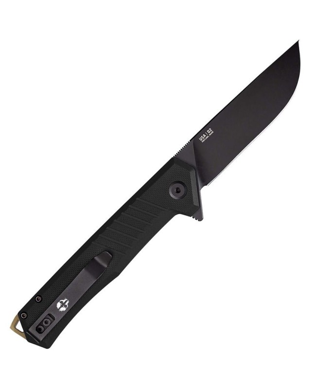 F1 Alpha D2 steel Black Titanium coated blade Linerlock Black G10 handle Bronze hardware F1 Alpha D2 steel Black Titanium coated blade Linerlock Black G10 handle Bronze hardware