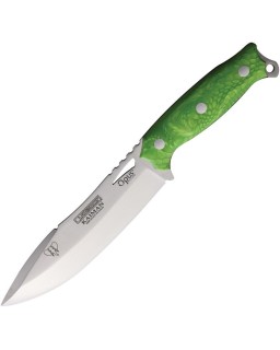 Kaiman Fixed Blade N695 stainless steel full tang satin finish Green Juma handle black leather sheath