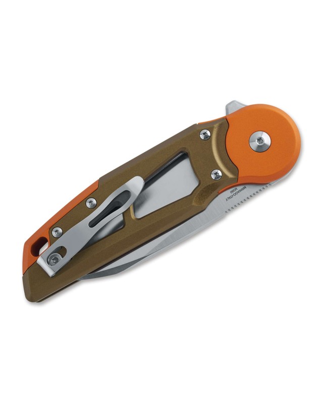 Metamorphosis Wharncliffe M390 steel satin finish Green & Orange Aluminum Metamorphosis Wharncliffe M390 steel satin finish Green & Orange Aluminum