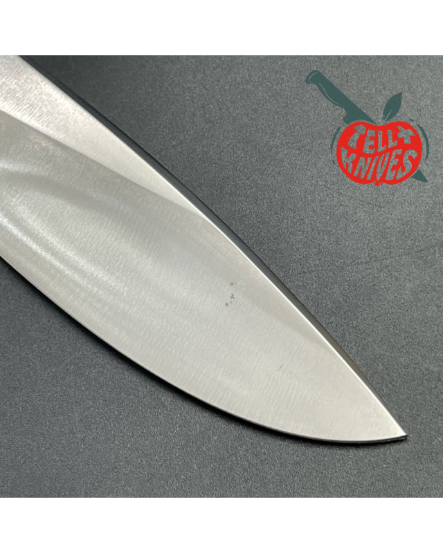 Model 25-6 Trapper Knife carbon steel blade thuya Burl wood and stacked leather handle brown leather sheath with stone