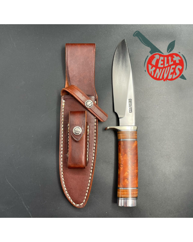Model 25-6 Trapper Knife carbon steel blade thuya Burl wood and stacked leather handle brown leather sheath with stone