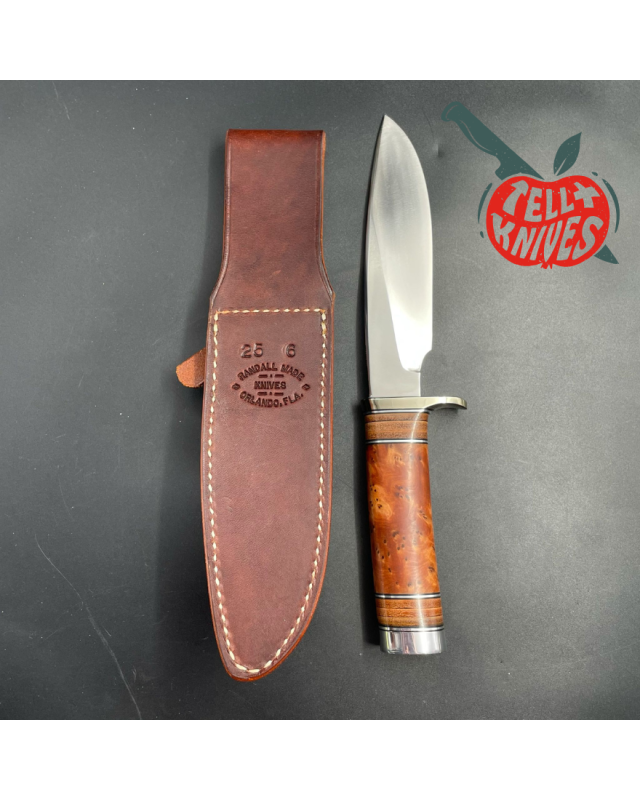 Model 25-6 Trapper Knife carbon steel blade thuya Burl wood and stacked leather handle brown leather sheath with stone