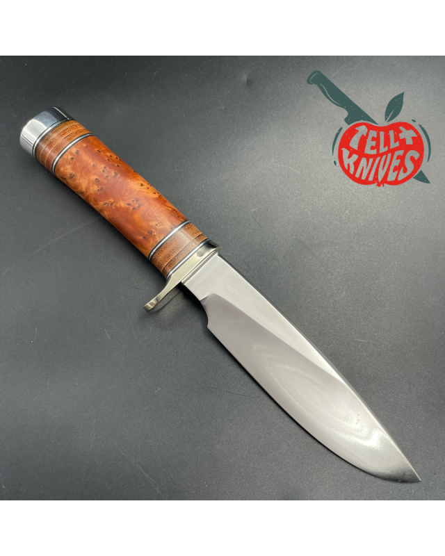 Model 25-6 Trapper Knife carbon steel blade thuya Burl wood and stacked leather handle brown leather sheath with stone