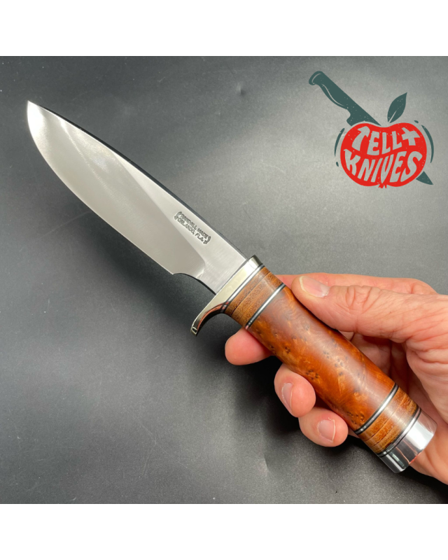 Model 25-6 Trapper Knife carbon steel blade thuya Burl wood and stacked leather handle brown leather sheath with stone