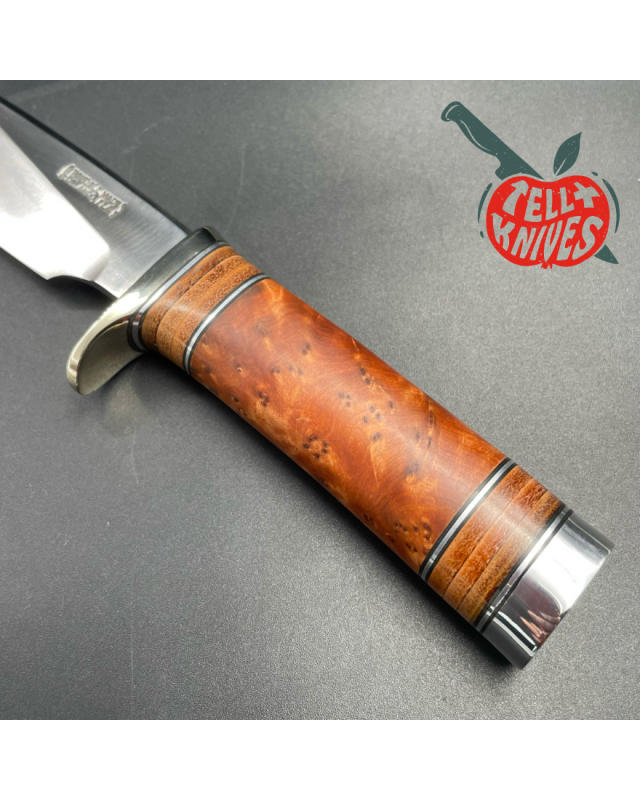 Model 25-6 Trapper Knife carbon steel blade thuya Burl wood and stacked leather handle brown leather sheath with stone