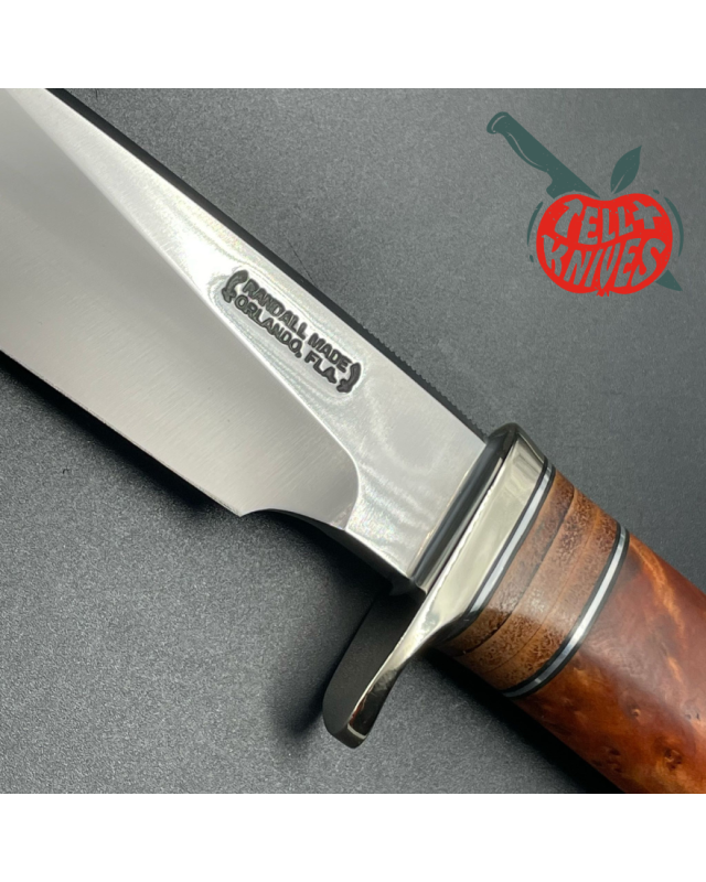 Model 25-6 Trapper Knife carbon steel blade thuya Burl wood and stacked leather handle brown leather sheath with stone