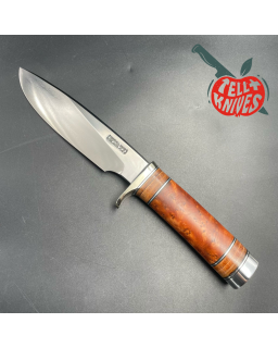 Model 25-6 Trapper Knife carbon steel blade thuya Burl wood and stacked leather handle brown leather sheath with stone