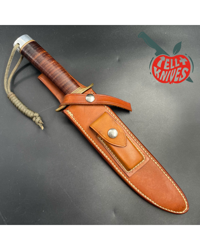 Vintage 70ies Model 1-8 forged carbon steel stacked leather brown leather sheath with stone