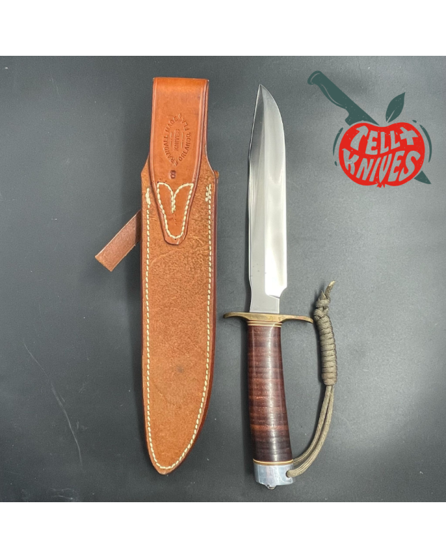 Vintage 70ies Model 1-8 forged carbon steel stacked leather brown leather sheath with stone