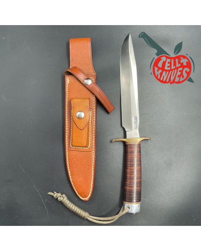 Vintage 70ies Model 1-8 forged carbon steel stacked leather brown leather sheath with stone