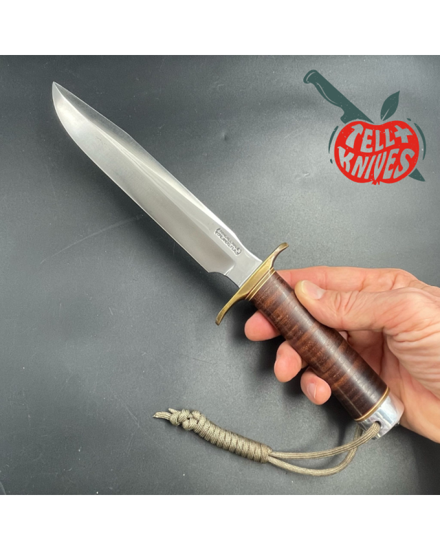 Vintage 70ies Model 1-8 forged carbon steel stacked leather brown leather sheath with stone