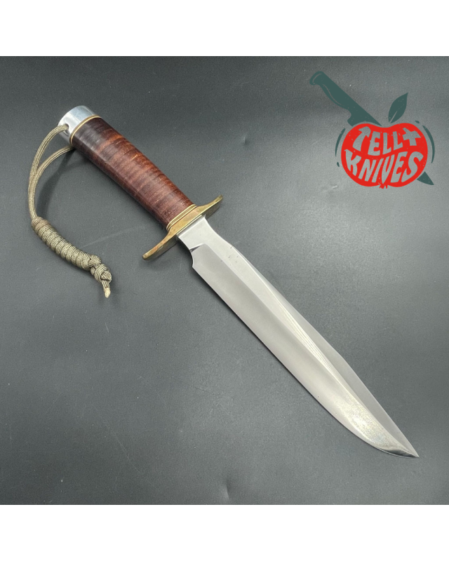 Vintage 70ies Model 1-8 forged carbon steel stacked leather brown leather sheath with stone