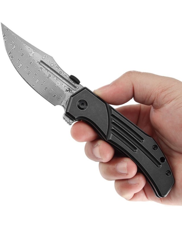 Orion Damascus steel blade Blackwash Titanium handle Flipper Orion Damascus steel blade Blackwash Titanium handle Flipper