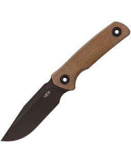 ZT Model 0004 fixed blade full tang CPM-CruWear steel black Cerakote finish brown micarta handle brown leather sheath