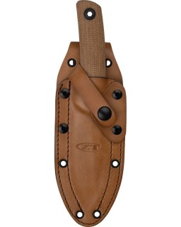 ZT Model 0004 fixed blade full tang CPM-CruWear steel black Cerakote finish brown micarta handle brown leather sheath