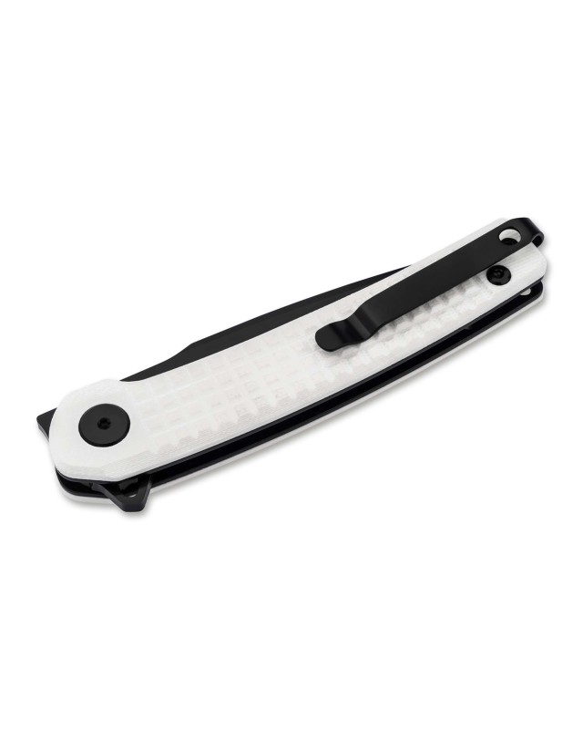 Empery 440B steel black finish blade white G10 handle flipper opening Empery 440B steel black finish blade white G10 handle flipper opening