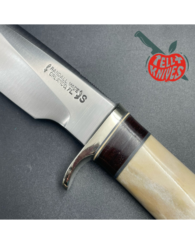 Vintage 80ies Model 25-5 Trapper stainless steel blade bone and stacked leather handle brown leather sheath with stone