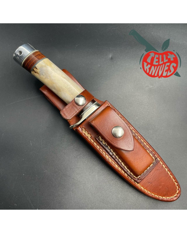 Vintage 80ies Model 25-5 Trapper stainless steel blade bone and stacked leather handle brown leather sheath with stone