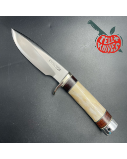 Vintage 80ies Model 25-5 Trapper stainless steel blade bone and stacked leather handle brown leather sheath with stone