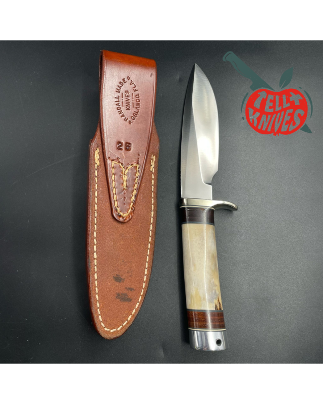 Vintage 80ies Model 25-5 Trapper stainless steel blade bone and stacked leather handle brown leather sheath with stone