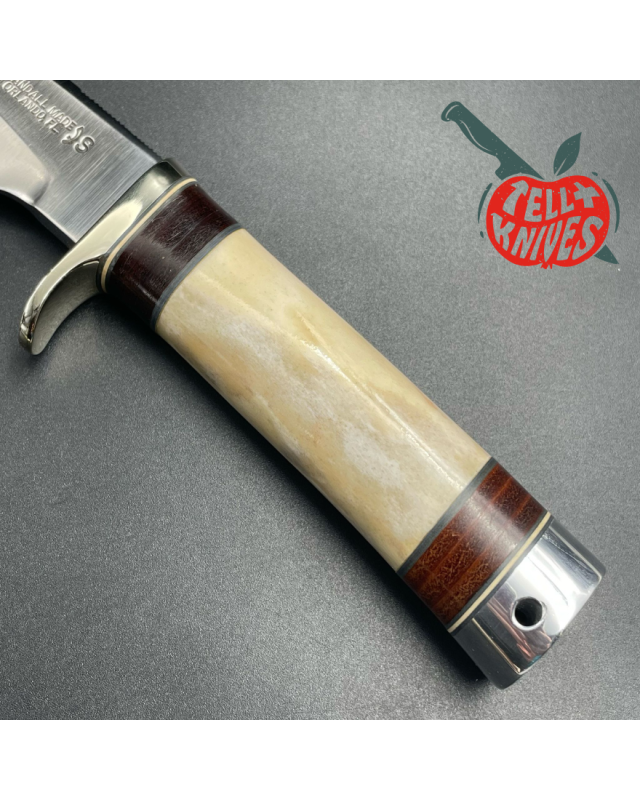 Vintage 80ies Model 25-5 Trapper stainless steel blade bone and stacked leather handle brown leather sheath with stone
