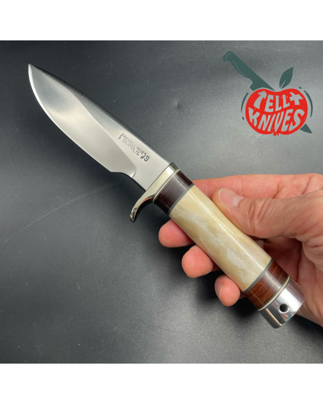 Vintage 80ies Model 25-5 Trapper stainless steel blade bone and stacked leather handle brown leather sheath with stone