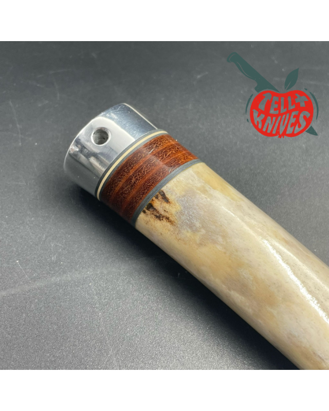 Vintage 80ies Model 25-5 Trapper stainless steel blade bone and stacked leather handle brown leather sheath with stone