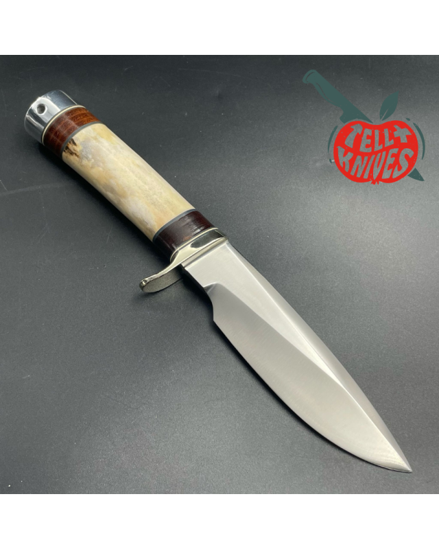 Vintage 80ies Model 25-5 Trapper stainless steel blade bone and stacked leather handle brown leather sheath with stone