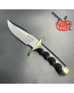 Model 23 Gamemaster forged carbon steel black micarta 4 finger grips handle brass guard and pommel brown leather sheath