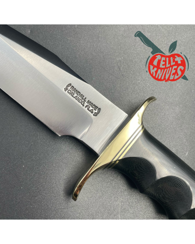 Model 23 Gamemaster forged carbon steel black micarta 4 finger grips handle brass guard and pommel brown leather sheath