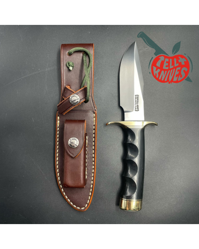 Model 23 Gamemaster forged carbon steel black micarta 4 finger grips handle brass guard and pommel brown leather sheath