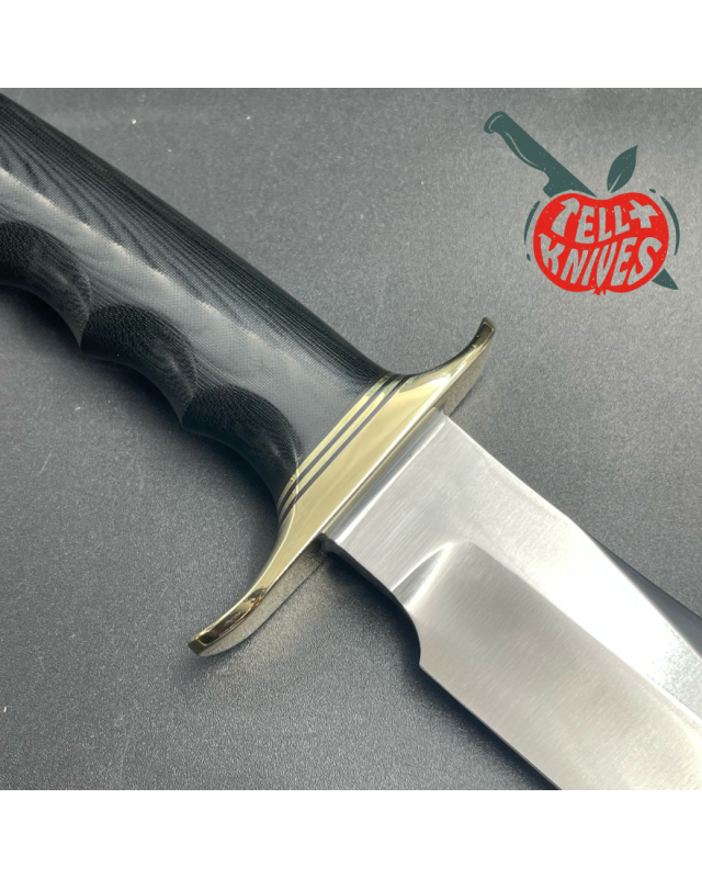 Model 23 Gamemaster forged carbon steel black micarta 4 finger grips handle brass guard and pommel brown leather sheath