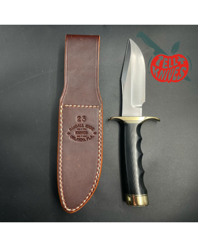 Model 23 Gamemaster forged carbon steel black micarta 4 finger grips handle brass guard and pommel brown leather sheath