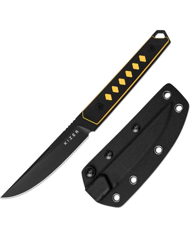 Kwaiken Fixed Blade Full Tang Nitro-V inox steel blackwash finish black and yellow G10 handle black kydex sheath Kwaiken Fixed Blade Full Tang Nitro-V inox steel blackwash finish black and yellow G10 handle black kydex sheath
