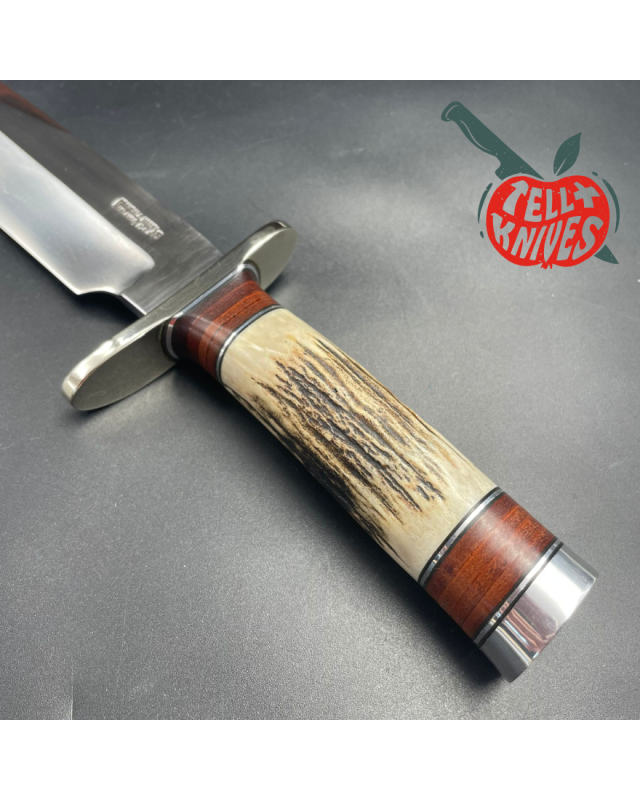 2006 Model 12-9 Sportsman stainless steel stag and stacked leather handle nickel silver guard and pommel brown leather sheath