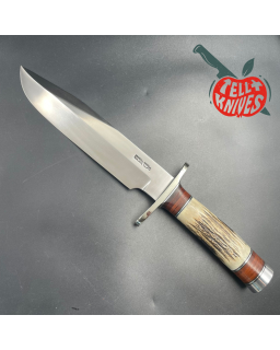2006 Model 12-9 Sportsman stainless steel stag and stacked leather handle nickel silver guard and pommel brown leather sheath