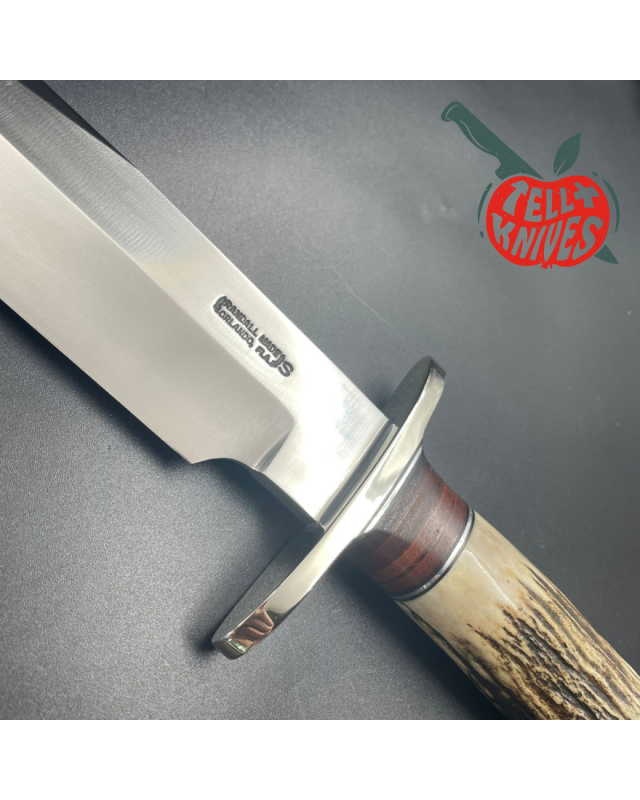 2006 Model 12-9 Sportsman stainless steel stag and stacked leather handle nickel silver guard and pommel brown leather sheath