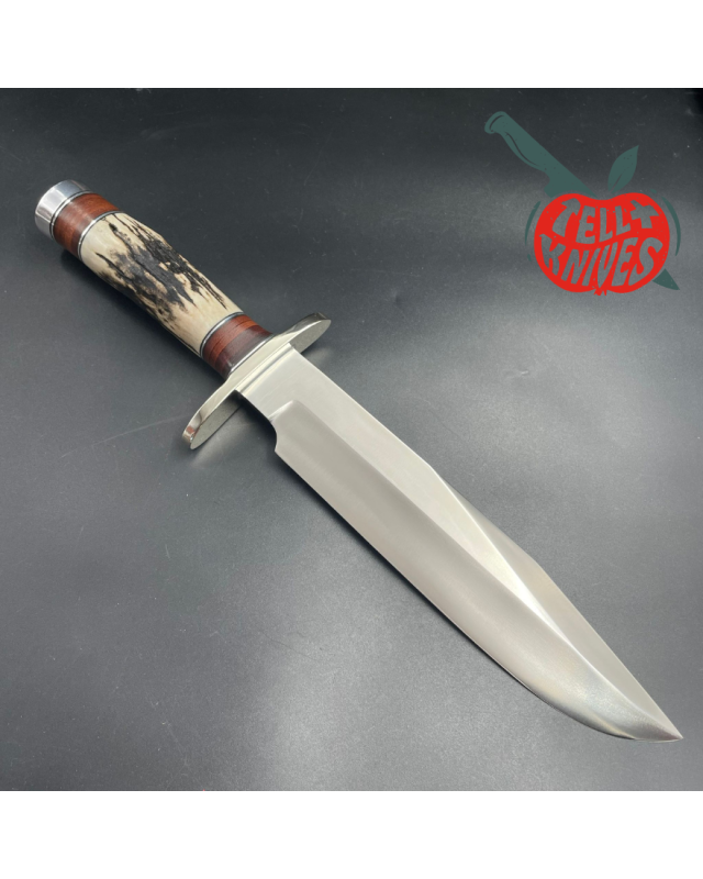 2006 Model 12-9 Sportsman stainless steel stag and stacked leather handle nickel silver guard and pommel brown leather sheath