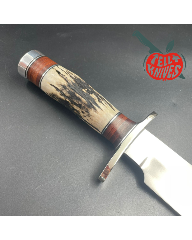 2006 Model 12-9 Sportsman stainless steel stag and stacked leather handle nickel silver guard and pommel brown leather sheath