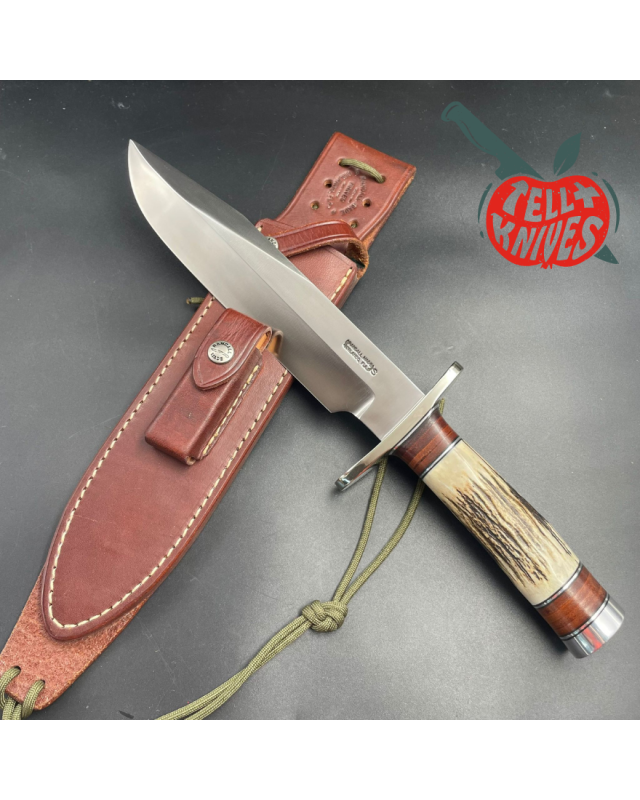 2006 Model 12-9 Sportsman stainless steel stag and stacked leather handle nickel silver guard and pommel brown leather sheath