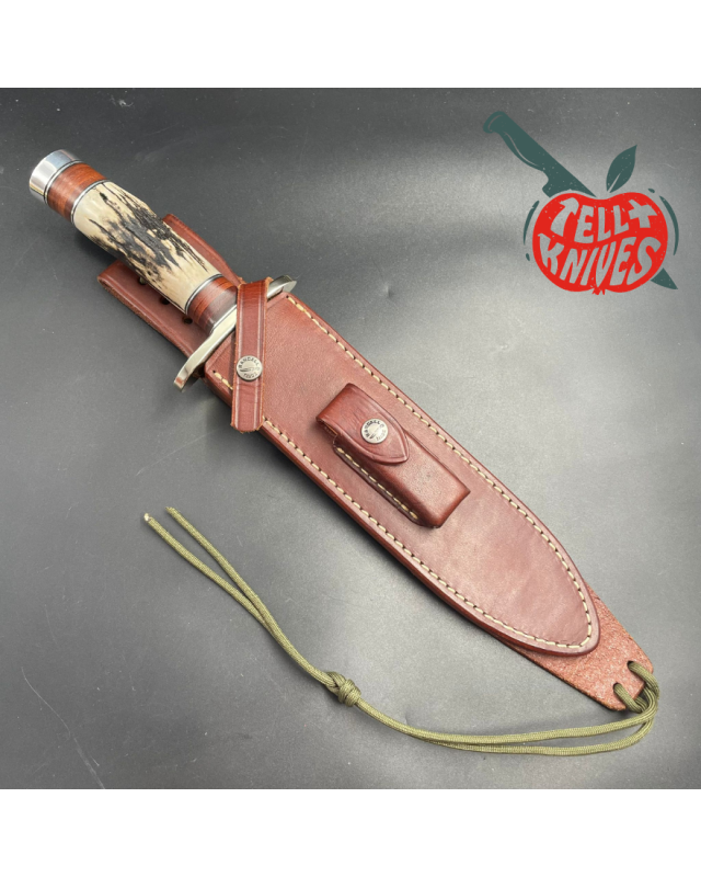 2006 Model 12-9 Sportsman stainless steel stag and stacked leather handle nickel silver guard and pommel brown leather sheath